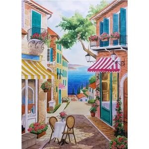 1000 Piece Puzzle Mediterranean Riviera Bistro Cafe Charming Street Scene Ocean